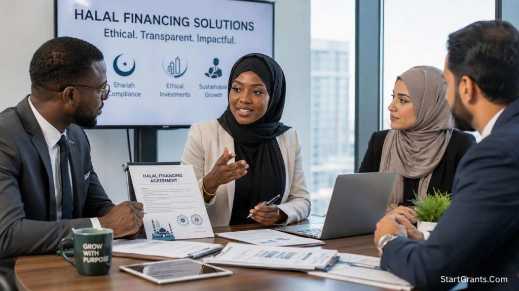 A Black Muslim female entrepreneur discussing Halal business grants and Riba-free financing.