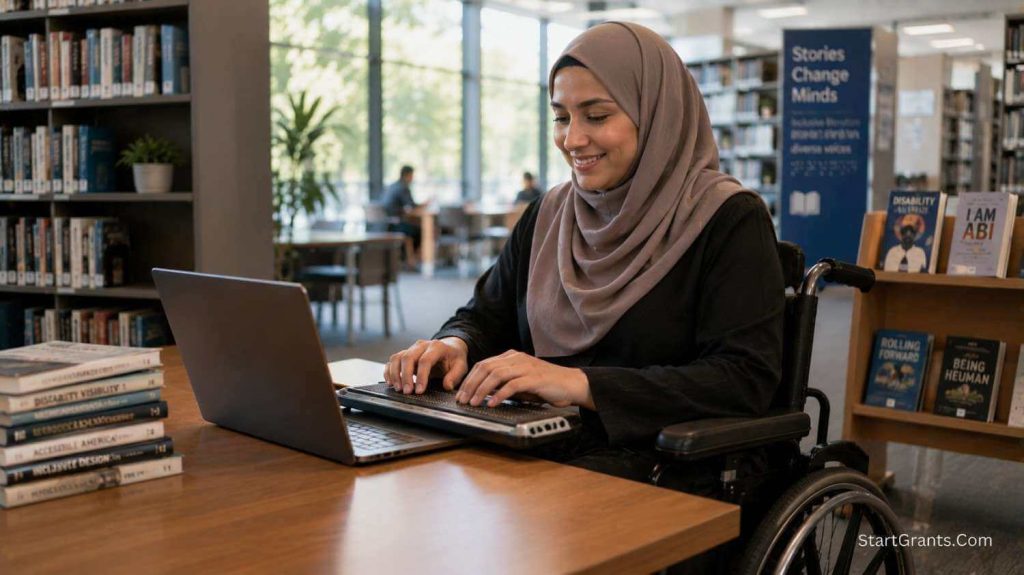 A Muslim disabled writer using adaptive technology to write Halal literature funded by grants.