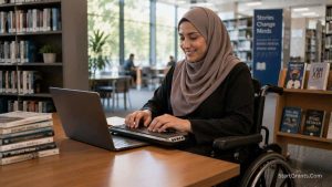 A Muslim disabled writer using adaptive technology to write Halal literature funded by grants.