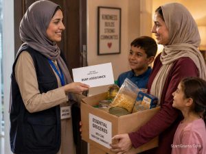 A Muslim family receiving Zakat and Halal financial assistance during a hardship.