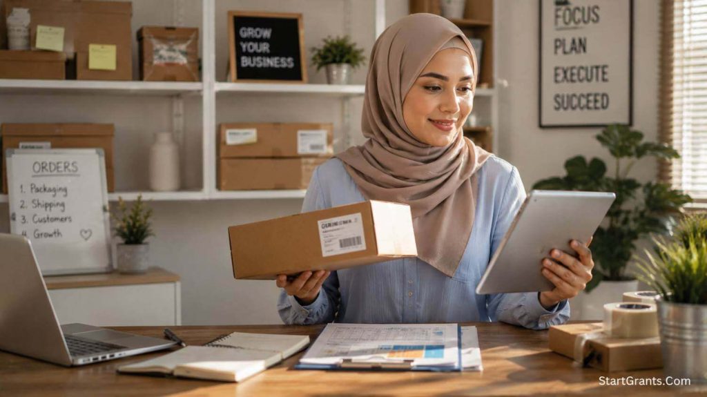 A Muslim female entrepreneur managing her Halal home business inventory and reviewing Zakat obligations.