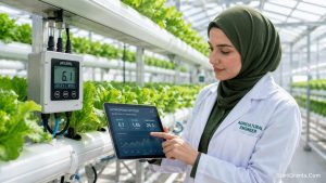 A Muslim female agricultural engineer monitoring a hydroponic system funded ethically without Riba.