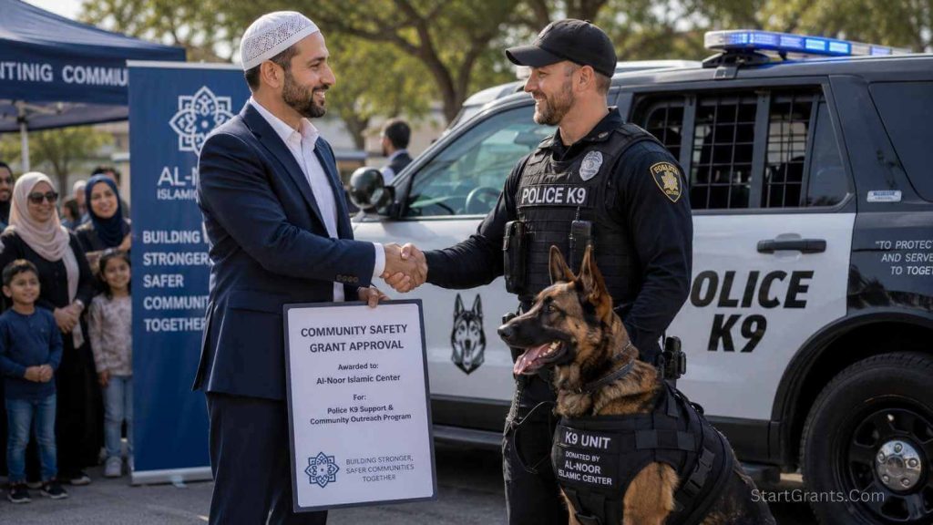 A Muslim community leader supporting a police K9 unit through Halal Sadaqah and grants.