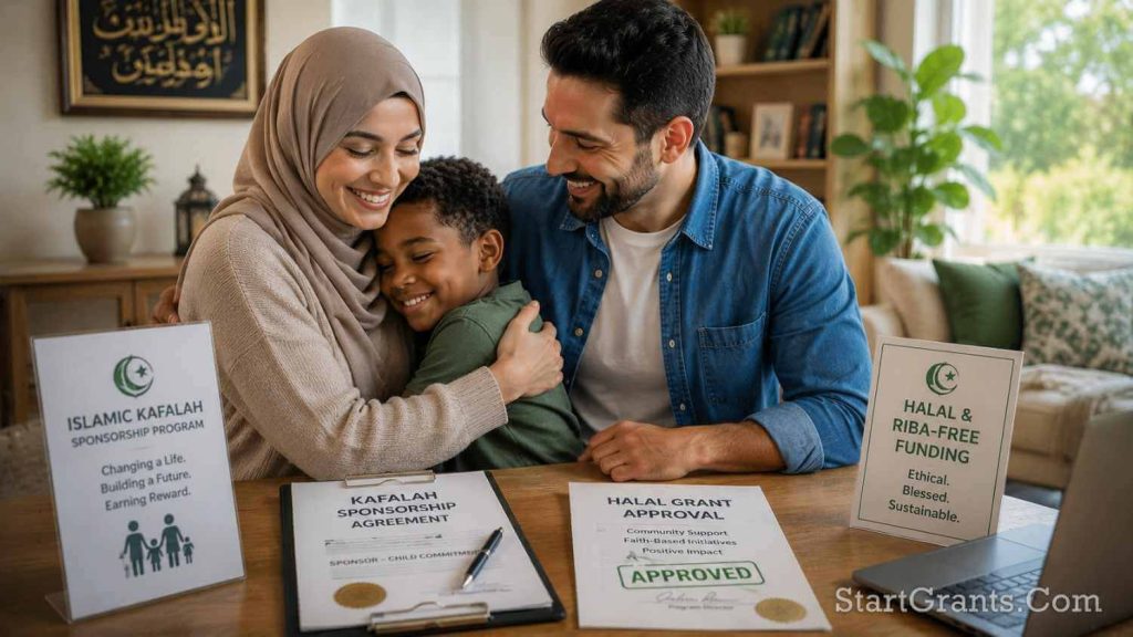 A Muslim couple embracing a child through the Islamic Kafalah system, supported by Halal financial grants.
