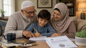 An elderly Muslim couple raising their grandchild through the Halal Islamic Kafalah system supported by Zakat.