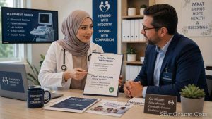 A Muslim female doctor managing a maternal health clinic funded ethically through Halal grants and Zakat.