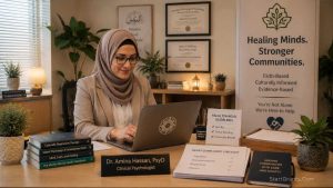 A Muslim clinical psychologist managing a mental health clinic funded by Halal government grants and community Sadaqah Jariyah.