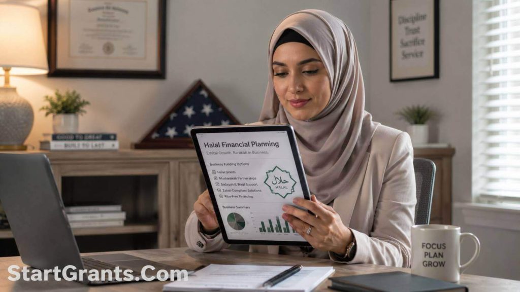 A Muslim military spouse reviewing Halal financial strategies and grant funding.