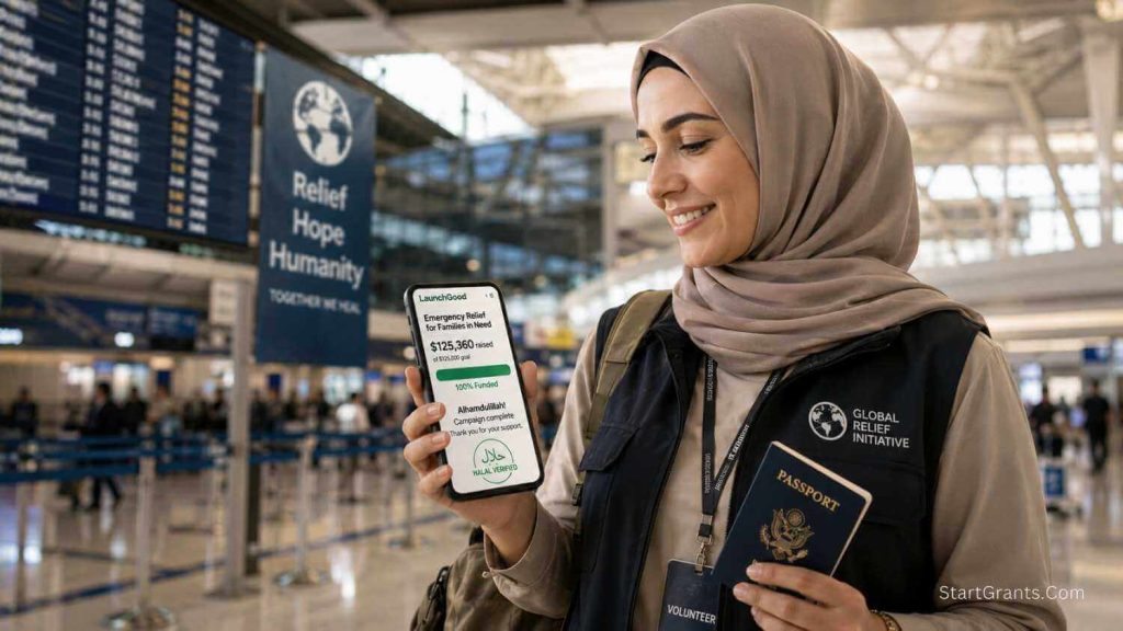 A Muslim volunteer at the airport, successfully funding her humanitarian mission through Halal crowdfunding.