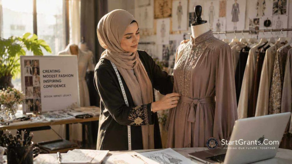 A Muslim fashion designer working on modest clothing, ensuring Halal business practices and Zakat compliance.