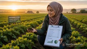 A Muslim female agricultural researcher managing Halal farm grant funding in a field.