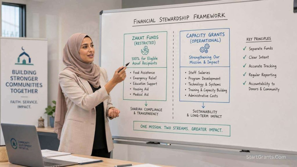 A Muslim nonprofit director explaining the strict separation of Zakat funds from operational capacity grants.