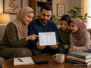 A Muslim family reviewing their household budget to find Halal government grants and avoid Riba.