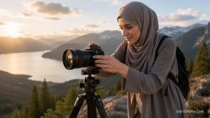 A Muslim female photographer operating a professional camera, funded by Halal government grants.