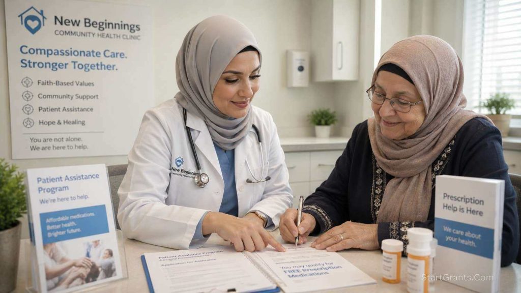 A Muslim doctor helping a patient apply for Halal prescription assistance grants to avoid Riba-laced medical debt.