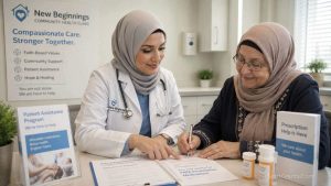 A Muslim doctor helping a patient apply for Halal prescription assistance grants to avoid Riba-laced medical debt.