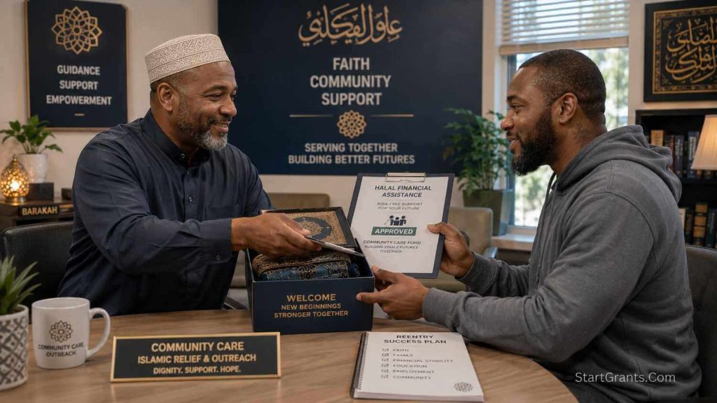 A Muslim parolee receiving Halal reentry assistance and Zakat funds from an Islamic community leader.