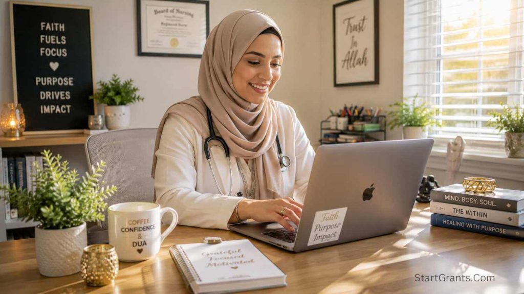 A Muslim woman working from home as a medical coder, funded by Halal Riba-free education grants.