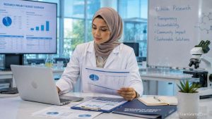 A Muslim female scientist reviewing an ethical, Riba-free budget for a research grant.