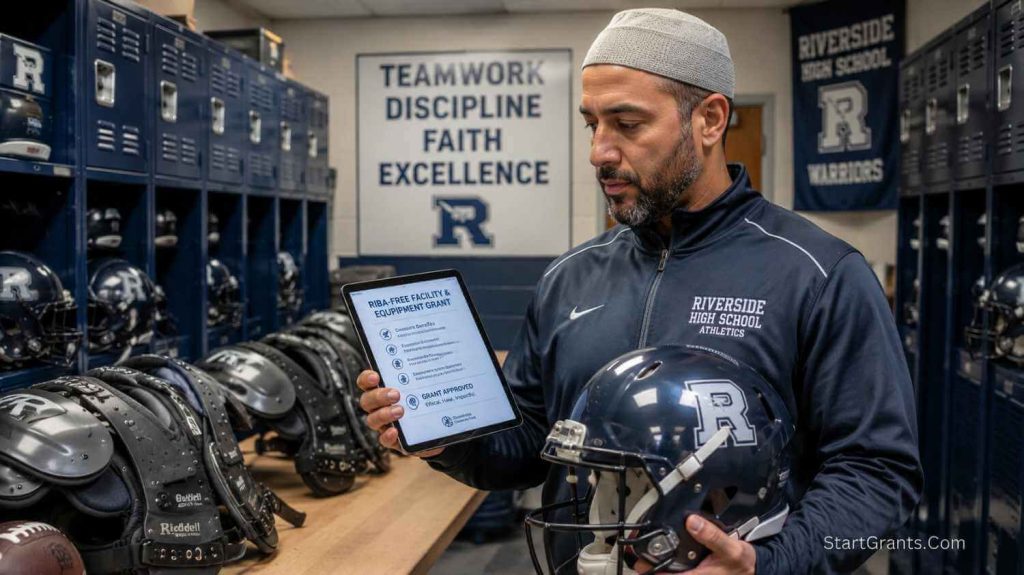 A Muslim school sports director inspecting new football safety equipment funded by Halal grants.