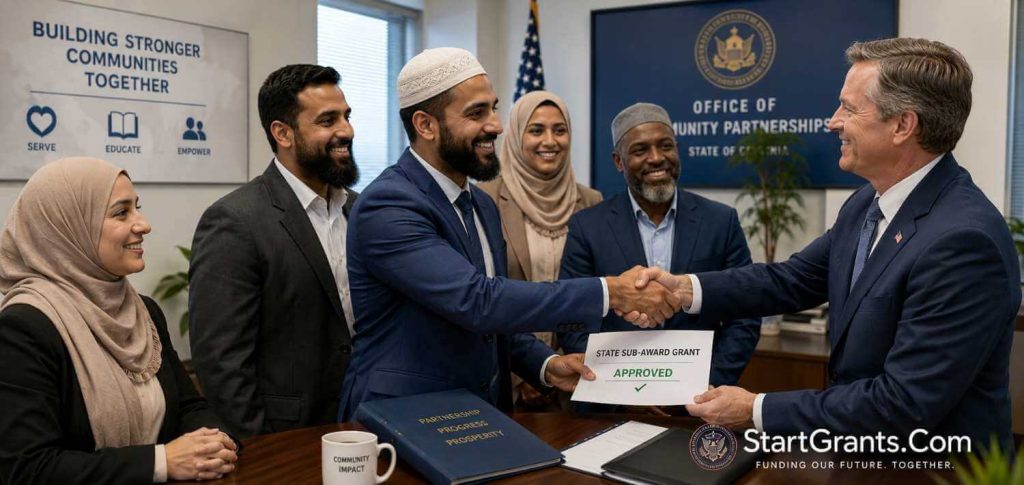 Muslim non-profit directors shaking hands with a state official after securing a Halal government grant sub-award.