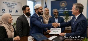 Muslim non-profit directors shaking hands with a state official after securing a Halal government grant sub-award.