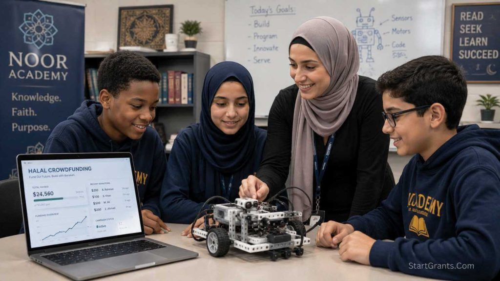A Muslim science teacher helping students build a robot in an Islamic school funded by Halal grants.