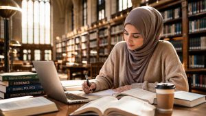 A Muslim college student wearing a hijab studying peacefully in a university library.
