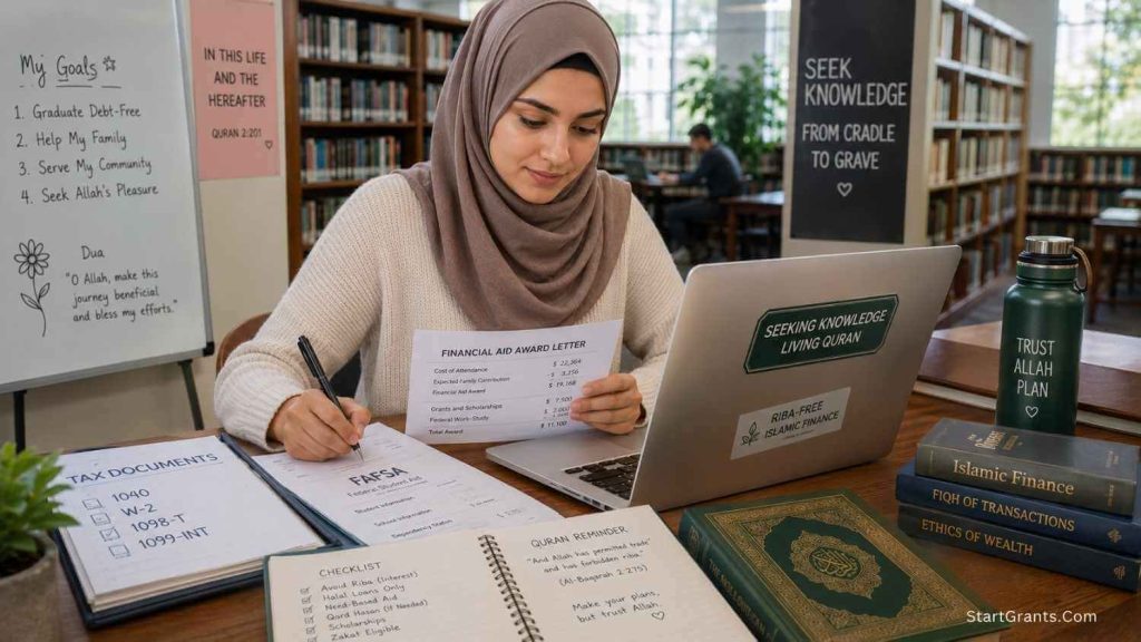 A Muslim student reviewing her federal grant and tax documents to ensure Halal financial compliance.