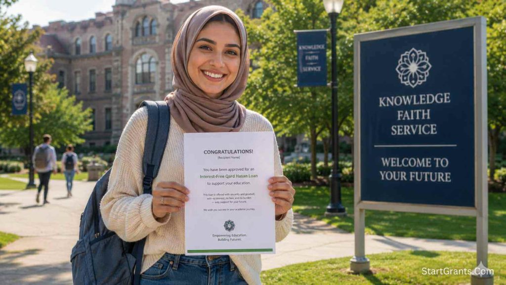 A Muslim student receiving a Halal, interest-free Qard Hasan loan to avoid Riba.