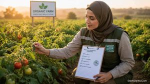 A Muslim female agricultural inspector verifying organic crops for Halal and Tayyib compliance.