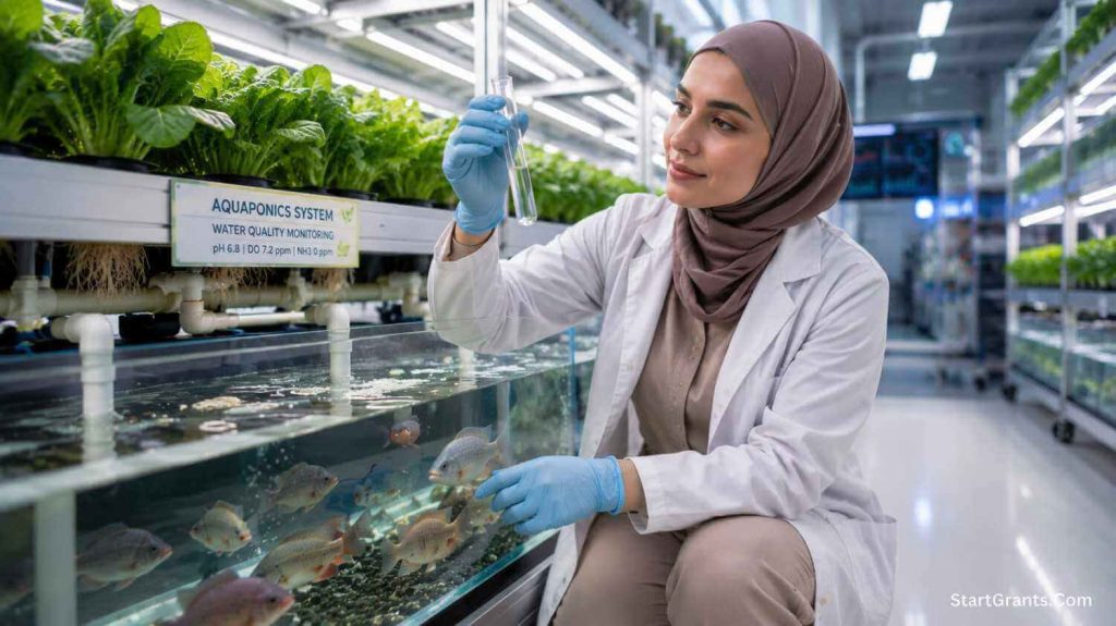 A Muslim female engineer inspecting a high-tech urban aquaponics farm funded ethically without Riba.