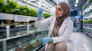 A Muslim female engineer inspecting a high-tech urban aquaponics farm funded ethically without Riba.
