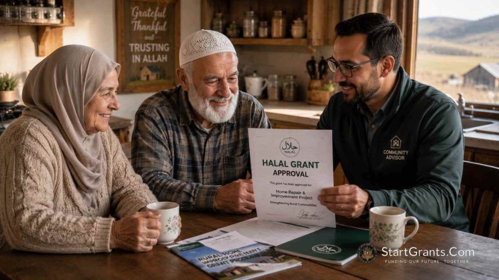 An elderly Muslim couple securing Halal Riba-free USDA home repair grants.
