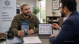A Muslim military veteran consulting a financial advisor to secure Halal VA benefits and Riba-free grants.