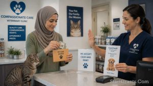 A Muslim pet owner paying for veterinary care with cash, avoiding Riba-laced medical credit cards.