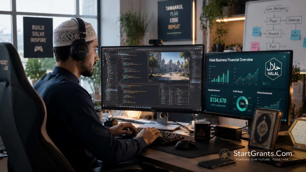 A Muslim indie game developer coding a Halal video game funded by Riba-free grants.