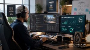 A Muslim indie game developer coding a Halal video game funded by Riba-free grants.