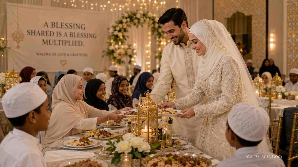 A Muslim bride and groom serving food to the community at their Halal charitable Walima.