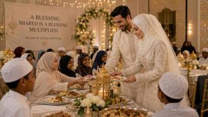 A Muslim bride and groom serving food to the community at their Halal charitable Walima.