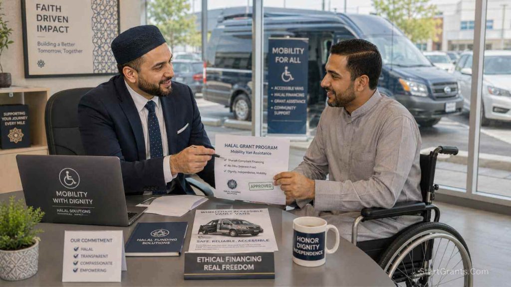 A Muslim wheelchair user reviewing Halal grant documents to purchase an accessible van without Riba-based auto loans.