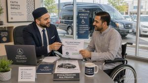 A Muslim wheelchair user reviewing Halal grant documents to purchase an accessible van without Riba-based auto loans.