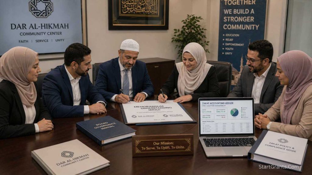 A Muslim non-profit board signing a partnership MOU and reviewing Zakat compliance ledgers.