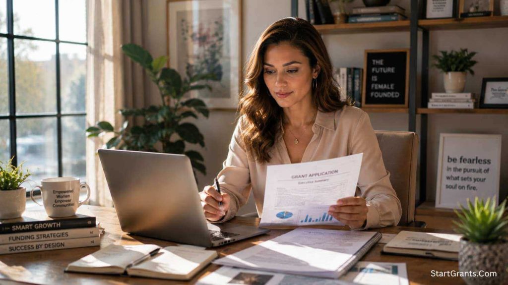 A female entrepreneur successfully applying for home business grants from her home office laptop.