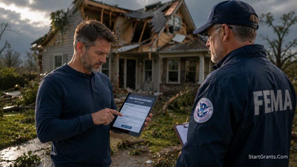 A homeowner reviewing a disaster assistance application after property damage