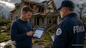 A homeowner applying for a government disaster relief grant on a tablet next to a FEMA inspector.
