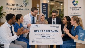 A team of nonprofit directors reviewing a SAMHSA government grant approval for their community mental health clinic.