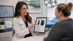A doctor consulting with a patient about securing financial grants for a medically necessary panniculectomy.