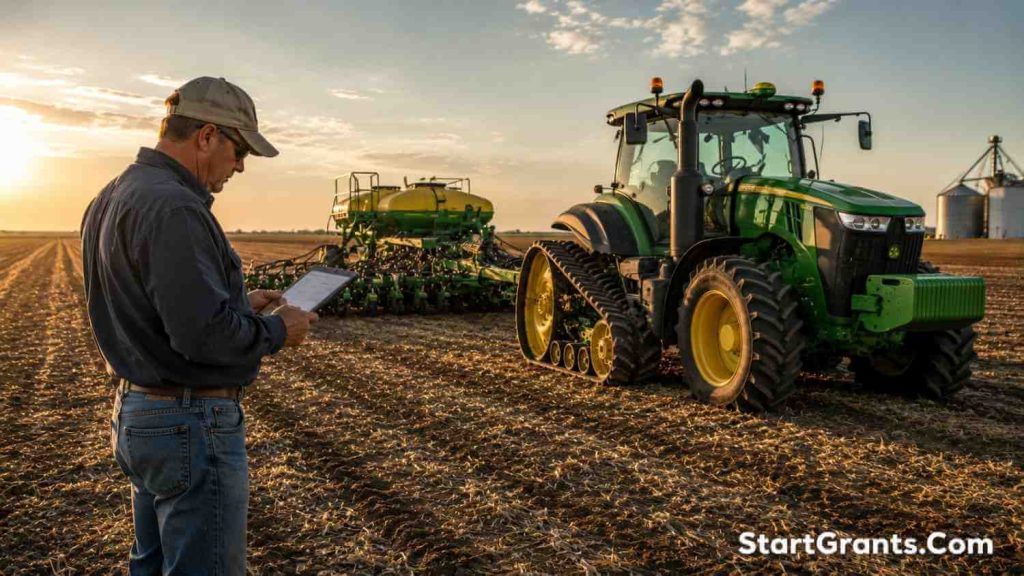 A modern farmer using heavy farm equipment and a no-till drill funded by USDA government grants.