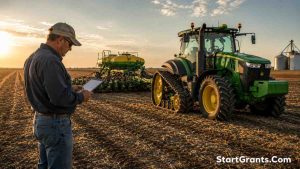 A modern farmer using heavy farm equipment and a no-till drill funded by USDA government grants.